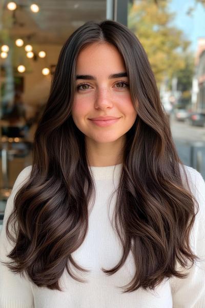 A woman with long, wavy dark brown hair, parted in the middle, wearing a white sweater.