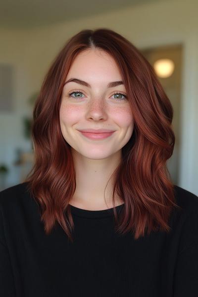 A woman with dark auburn, shoulder-length hair styled in soft waves.