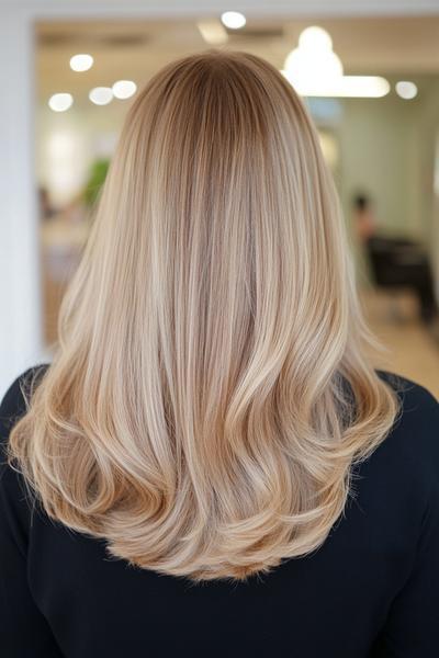 A woman's light ash blonde hair styled in soft, loose waves, cascading down her back.