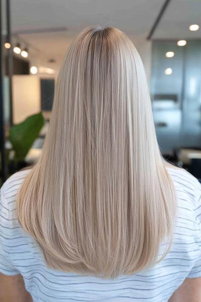 A sleek, straight hairstyle featuring light ash blonde hair with subtle layers, shown from the back.