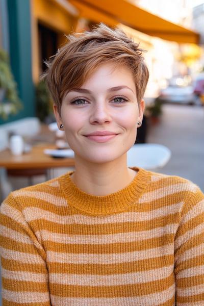 A young woman with a stylish undercut pixie hairstyle, featuring short sides and back with longer, textured top layers, is smiling in an outdoor café setting.