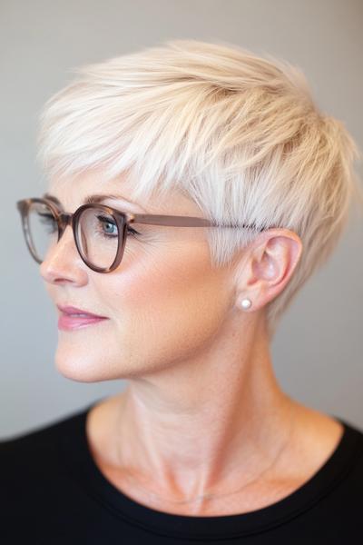 A woman with short, choppy, layered white hair, wearing glasses, and having a youthful, modern hairstyle.