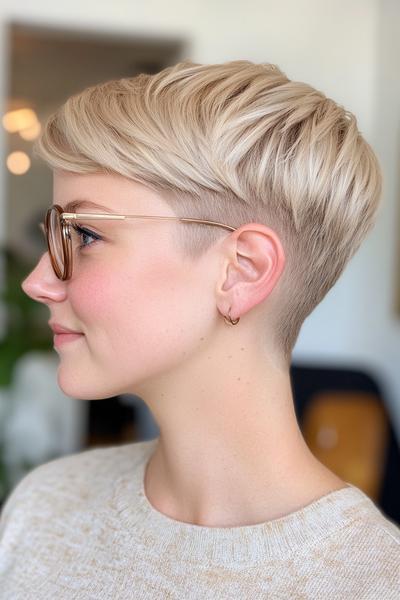 A side profile of a person with a blonde undercut pixie haircut, where the hair is closely cropped on the sides and back, with longer, textured layers on top.