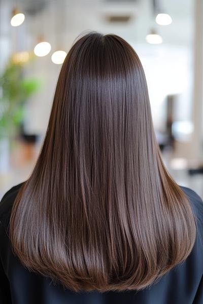 Smooth, long, dark brown hair styled in a sleek, straight manner with a subtle inward curl at the ends.