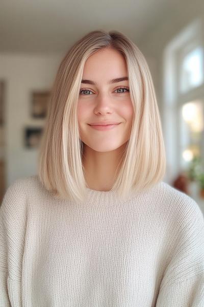 A woman with light ash blonde hair styled in a sleek, shoulder-length bob.