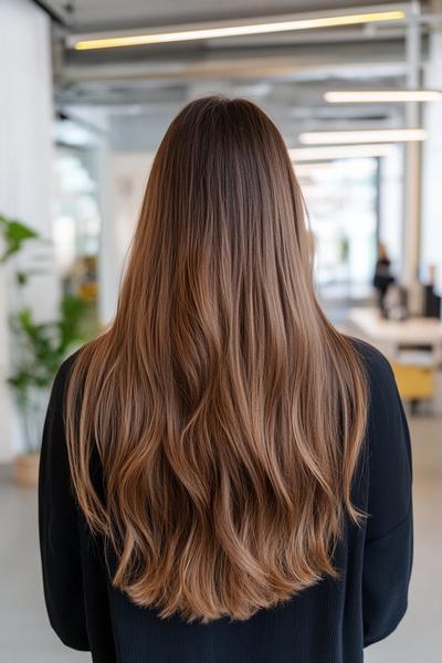 A woman with long, dark brown hair styled in loose waves viewed from the back.