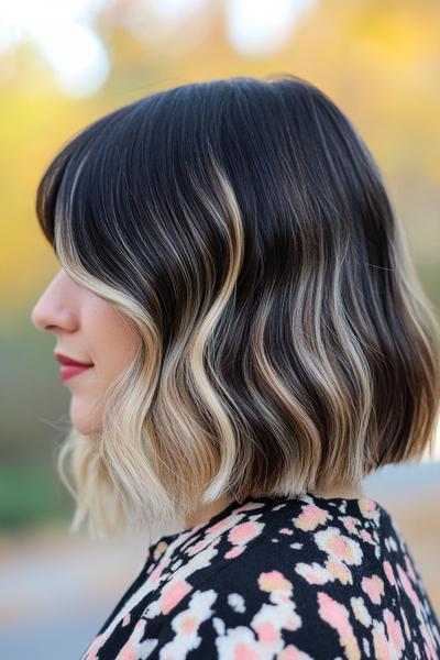 A woman with a wavy bob hairstyle featuring black hair with blonde highlights, styled in soft, loose curls.