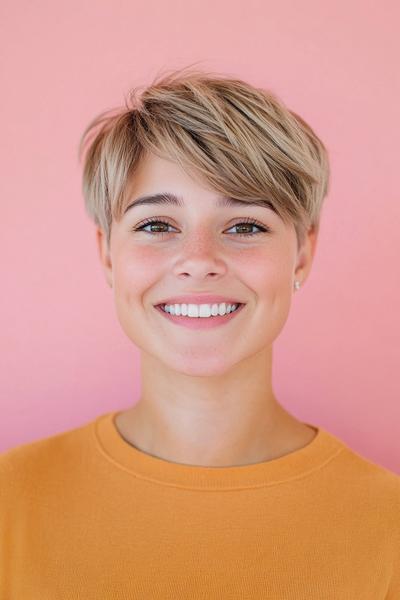 A person with a short, blonde undercut pixie haircut, smiling against a pink background.