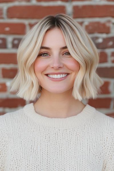 A woman with a blonde bob haircut featuring soft waves, smiling in front of a brick wall.