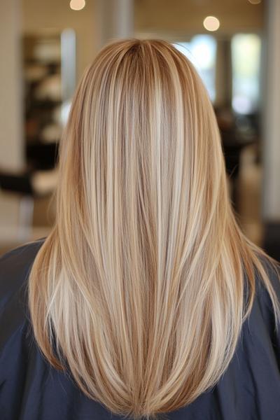 Blonde hair with dark brown streaks and a sleek, straight style.