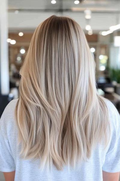 Blonde hair styled with subtle dark brown streaks, adding depth and contrast to the overall look.