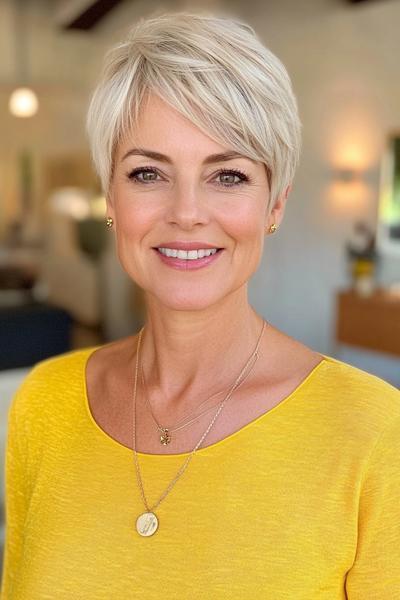 A stylish, short, layered pixie cut with side-swept bangs, ideal for women over 70.