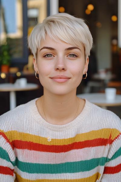 A woman with a platinum blonde undercut pixie hairstyle, featuring short, textured layers on top and shaved sides, wearing a striped jumper and sitting in a cosy cafe.