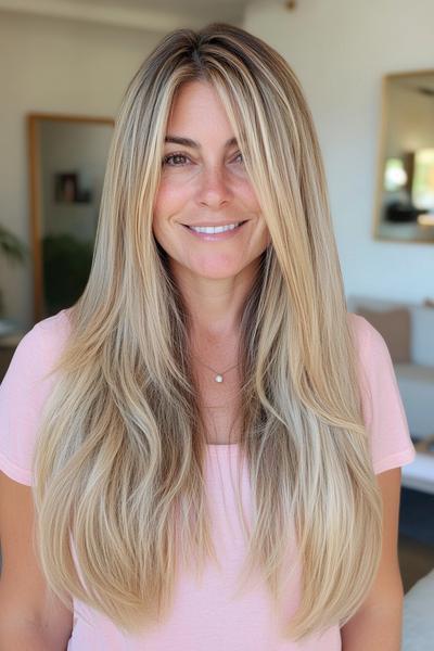 A woman with long, straight blonde hair, featuring dark brown streaks and a centre parting, smiling indoors.