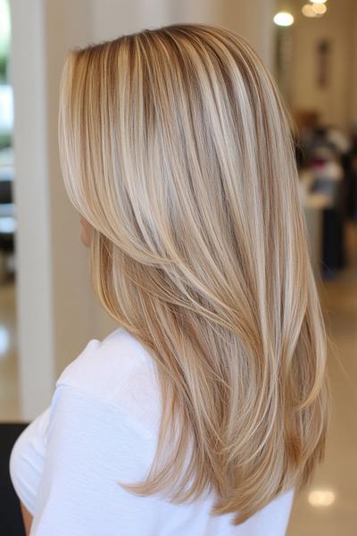 Blonde hair with dark brown streaks, styled in sleek, layered waves.