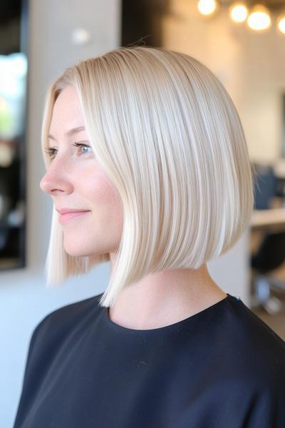 A woman with a sleek, chin-length blonde bob haircut, styled with a centre parting.