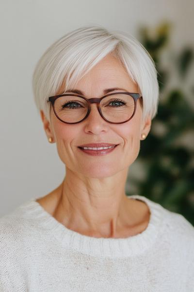 A woman with a short, straight, and neatly styled white bob haircut, complemented by glasses, and wearing a cream-coloured sweater.