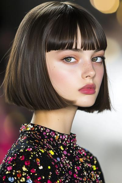 A young woman with a sleek, chin-length bob hairstyle featuring blunt fringe, wearing a glittery top.