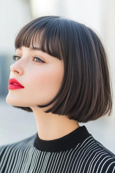 A woman with a sleek, dark brown bob hairstyle featuring a straight fringe, styled for a polished and sophisticated look.