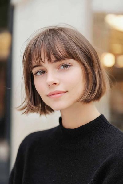 A young woman with a sleek, chin-length bob hairstyle featuring a full fringe.