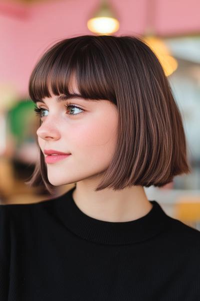 A person with a sleek, chin-length bob hairstyle and a straight fringe, featuring even, smooth layers and styled for a tidy and polished look.