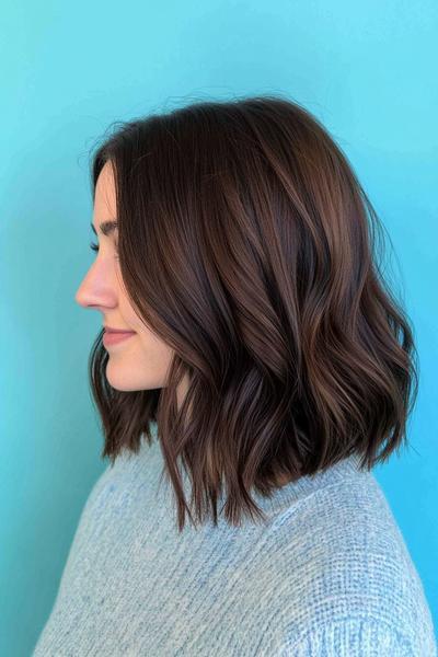 A woman with dark chocolate brown, shoulder-length wavy hair styled in a soft, natural look.