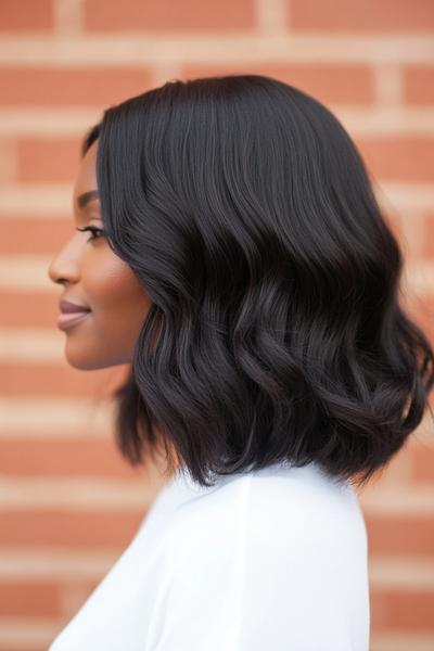 A side profile of a woman with dark chocolate brown hair styled in loose, wavy shoulder-length locks, wearing a white top against a brick wall backdrop.