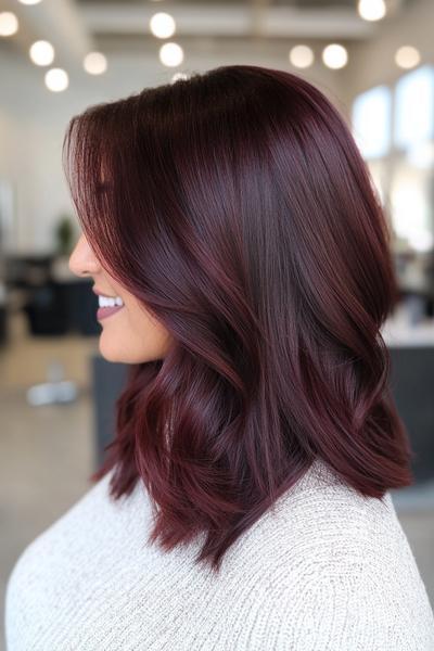 A woman with shoulder-length, wavy, burgundy dark red hair styled in loose curls.