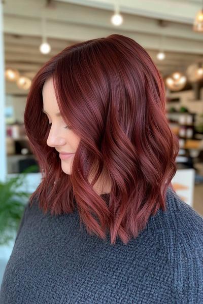 A woman with wavy, shoulder-length hair coloured in a rich burgundy dark red shade.