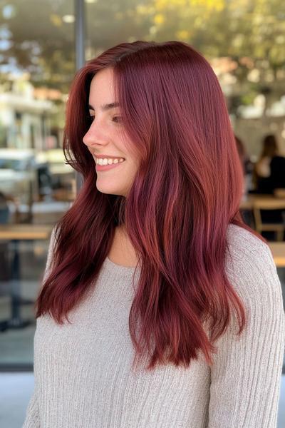 A woman with long, wavy, burgundy dark red hair wearing a light grey sweater smiles while standing outdoors.