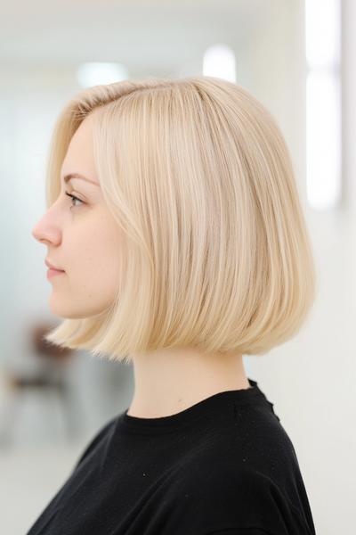 A woman with a sleek, straight, blonde bob hairstyle, slightly longer at the front and ending neatly at the chin.