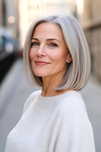 A woman with a sleek, silver bob haircut, featuring shoulder-length hair parted in the middle.