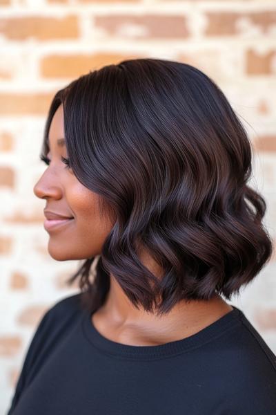 A person with dark chocolate brown hair styled in soft, loose waves, with a shoulder-length bob cut.