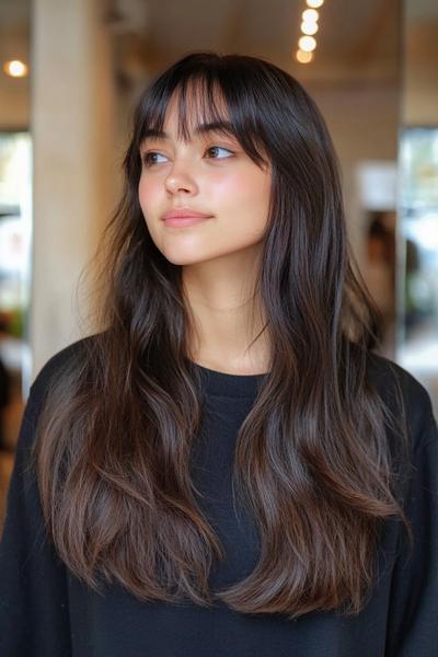 A woman with long, wavy brunette hair featuring curtain bangs.