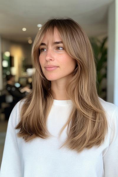 A person with long, smooth, light brown hair styled with curtain bangs, framing their face elegantly.