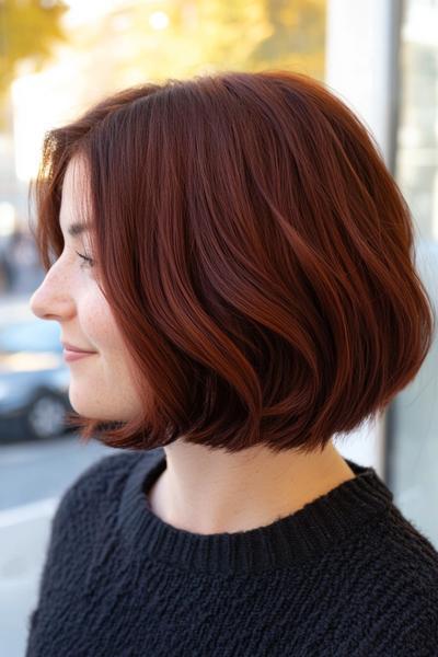 A person with dark auburn, shoulder-length hair styled in loose waves, and wearing a black knit sweater.