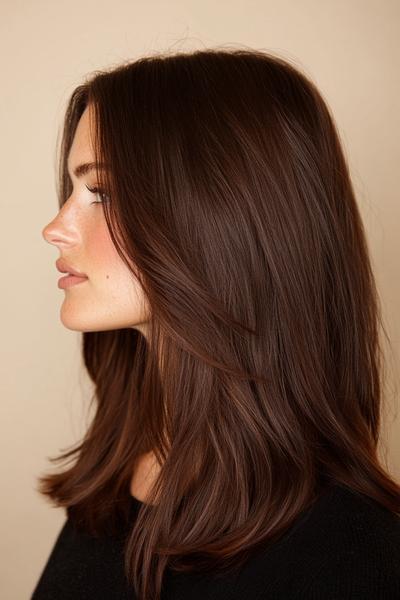 A profile view of a woman with straight, shoulder-length, dark chocolate brown hair featuring soft layers and a centre parting.