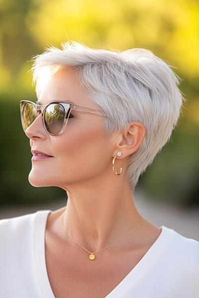 A woman with short, choppy silver hair, styled in a pixie cut, wearing sunglasses and earrings.