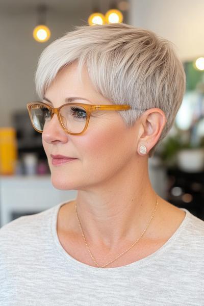 A short, layered pixie cut with side-swept bangs in a silver grey colour, perfect for a stylish look for women over 70.