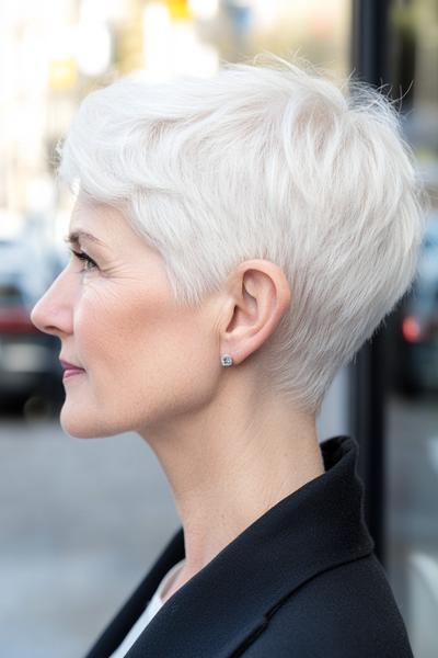 A close-up side profile of an elderly woman with short, neatly trimmed, white pixie cut hair.