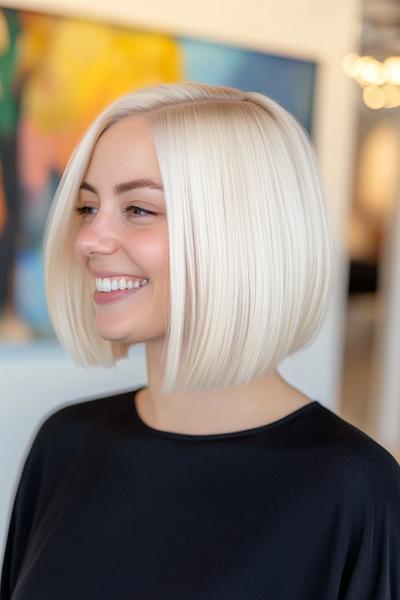 A smiling individual with a straight, sleek blonde bob haircut.