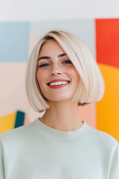 The woman has a sleek, chin-length blonde bob haircut with a centre parting.