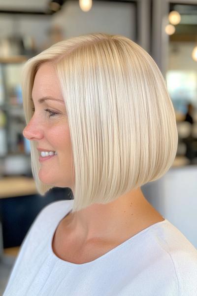 A profile view of a woman with a sleek, blonde bob hairstyle, featuring straight, evenly cut edges and a smooth texture.