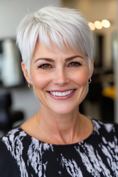 A stylish older woman with short, layered, silver hair and a fringe, sporting a contemporary pixie cut.