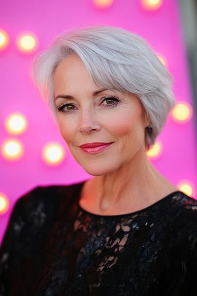 A stylish, short silver bob haircut with side-swept fringe, ideal for a youthful appearance over 50.