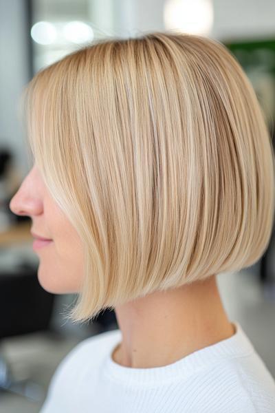 A close-up side profile of a person with a sleek, blonde bob hairstyle.