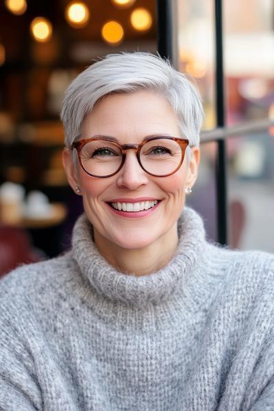 An older woman with glasses smiles, showcasing her stylish short pixie cut with grey hair.