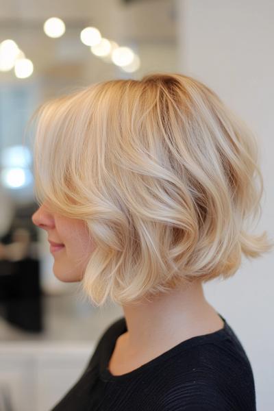 A blonde bob hairstyle featuring soft, wavy layers with a sweeping fringe.