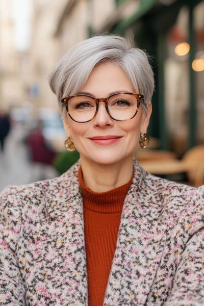 An older woman wearing glasses sports a stylish, short pixie cut with textured layers, complementing her sophisticated look.