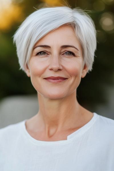 A woman with short, stylishly layered silver hair, featuring a side part and a soft, natural look, suitable for a youthful appearance over 50.